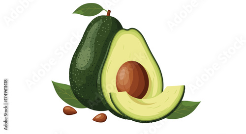 Fresh green avocados healthy and delicious fruit with pit and leaves.