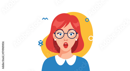 A surprised woman with red hair wearing glasses and a blue dress is depicted in a cartoonish style. The illustration features abstract shapes and patterns in the background.