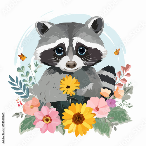 Waschbärjunges auf der Blumenwiese