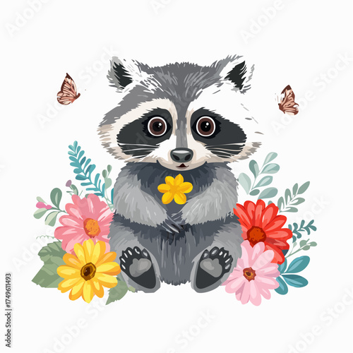 Waschbärjunges auf der Blumenwiese