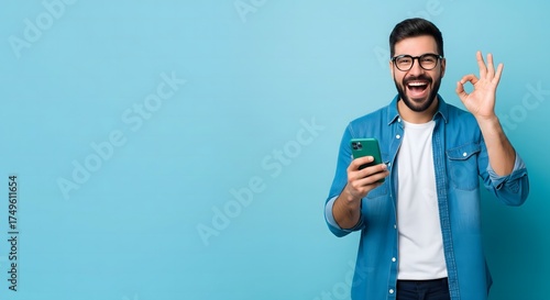 A cheerful man using a mobile phone, showing an okay gesture while looking delighted