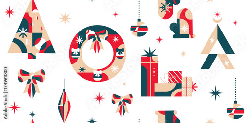 Seamless Geometric Christmas Pattern with Holiday Icons.Seamless vector pattern with geometric Christmas trees, ornaments, bows, wreaths, presents, festive elements in modern red, beige,green color