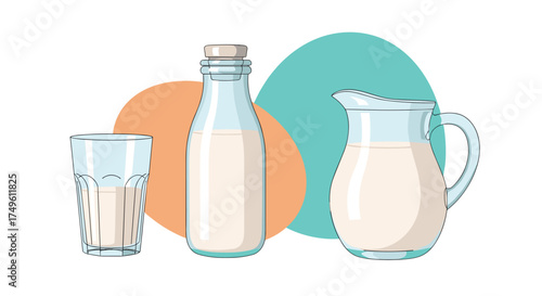 A refreshing glass bottle and pitcher filled with milk presented on an abstract background.