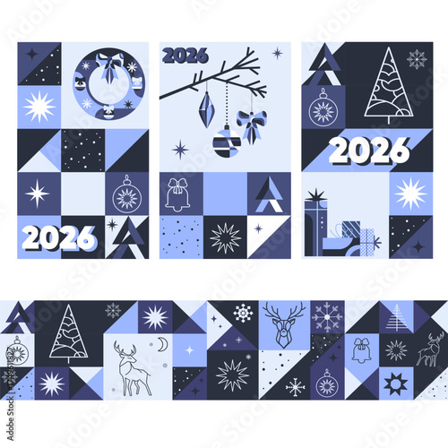 Christmas and New Year 2026 Vertical and Horizontal Banner Set in Geometric Style. Modern Holiday Layouts for web design, social media, marketing materials, and print decoration. Vector illustration