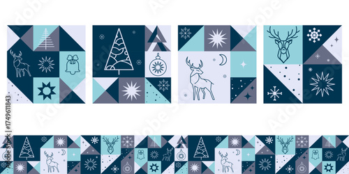 Modern geometric Christmas and winter abstract templates design set with festive winter symbols and icons in blue and teal color for promo, print, web, social media,packaging, holiday branding. Vector