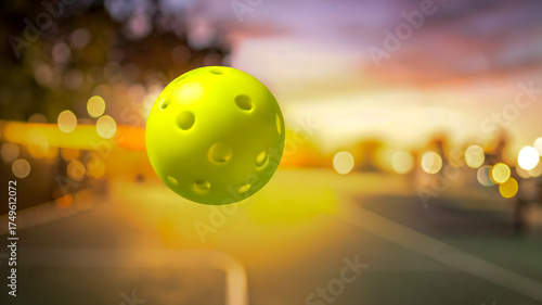 a pickleball in motion in the foreground of a court with bokeh light effect background in the evening. sports banner with copy space.