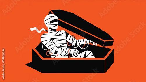 Illustration Of A Mummy Coming Out Of A Coffin With Tangled Bandages, Halloween Illustration Vector Design Template