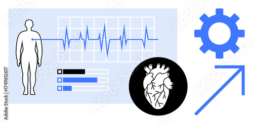 ECG waveform over human figure, anatomical heart diagram, gear and upward arrow implying progress. Ideal for healthcare, diagnostics, cardiology, fitness, technology monitoring progress. Simple