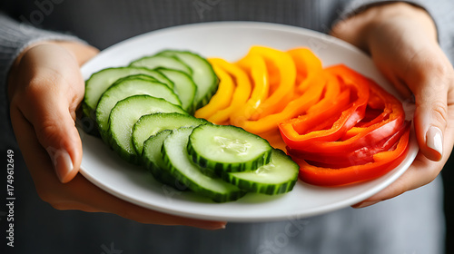 Wallpaper Mural Colorful vegetable slices: cucumbers, yellow and red peppers held on a white plate by a person against a neutral background. Torontodigital.ca