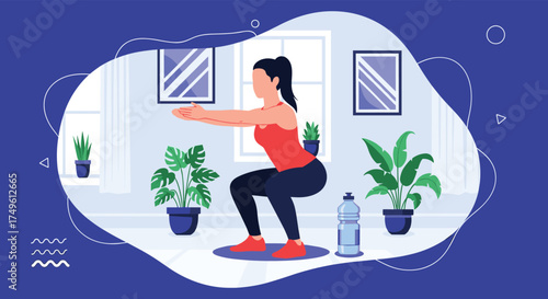 A woman performing a bodyweight squat exercise at home with indoor plants and a water bottle nearby for hydration.
