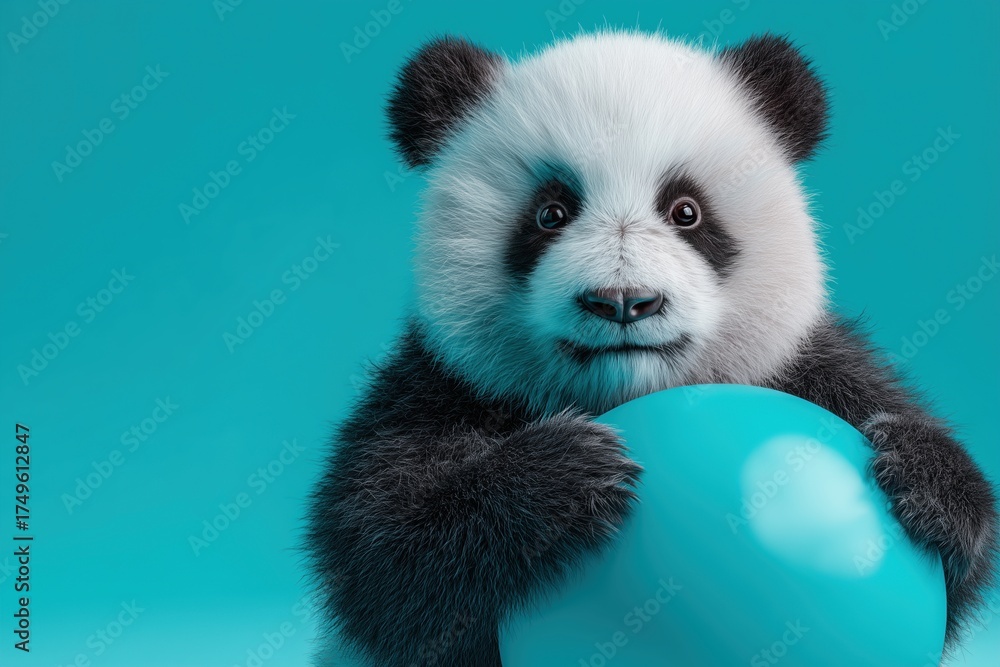 Obraz premium Adorable panda cub holding a blue ball against a solid turquoise background, looking directly at the camera with a curious expression.