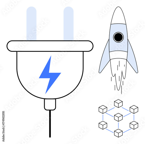 Electrical plug with lightning bolt, rocket launching, and interconnected cube network. Ideal for innovation, technology, energy, blockchain, startups data or futuristic concepts. Simple flat