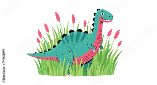 A friendly green dinosaur stands tall in a field of tall green grass and pink flowers.