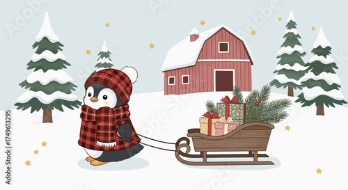 Adorable penguin brings holiday cheer pulling a sleigh full of gifts through a snowy landscape with charming barn and snow-covered fir trees