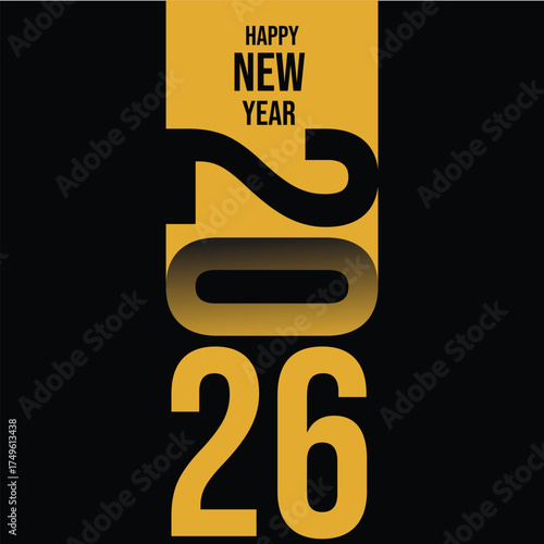 2026 Happy New Year typography design in black and gold, modern vertical layout