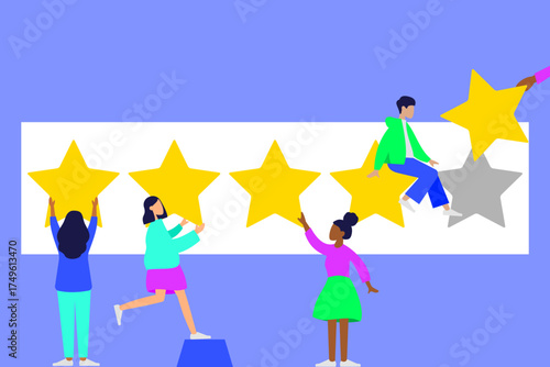 Customer satisfaction and brand loyalty concept as diverse people place gold stars for best rating and feedback, online survey or CRM management. Service review, marketing success in vector design