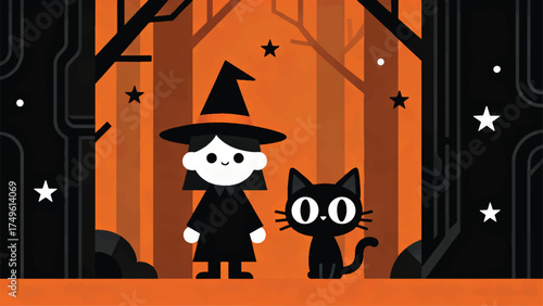 Illustration Of A Witch With A Cute Black Cat, Halloween Theme Vector Design Template