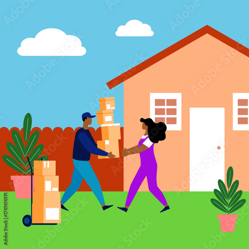 Black woman receiving delivery boxes from an online order at home entrance with courier man carrying pile of shipping packages for an impulse buying, ecommerce shopping spree or retail therapy concept