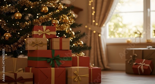 Christmas tree with a stack of colorful gift boxes under. A cozy Christmas home decor with presents and festive atmosphere.