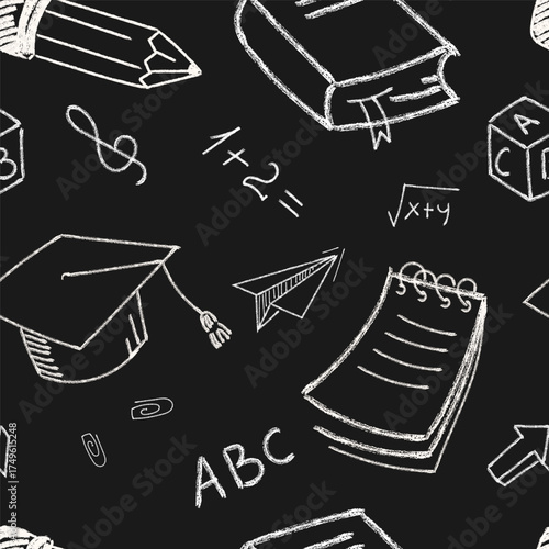 Seamless chalkboard pattern with hand-drawn educational icons books, graduation cap, pencil, notebook, formulas for school materials, classroom decor, kids products, digital design, educational.Vector