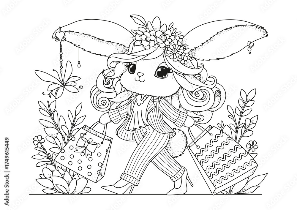 Obraz premium A fashionable bunny in a pantsuit walks with groceries. Coloring page for children and adults. Black and white illustration for coloring.