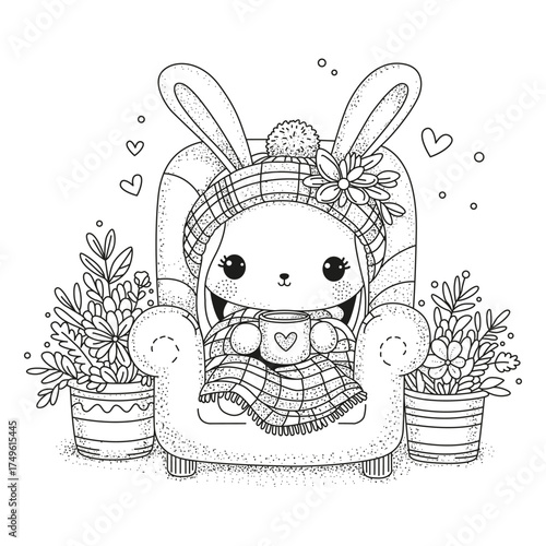 A cute bunny wearing a warm hat sits in a cozy chair, wrapped in a warm blanket, drinking hot coffee from a mug. Black and white illustration for coloring.