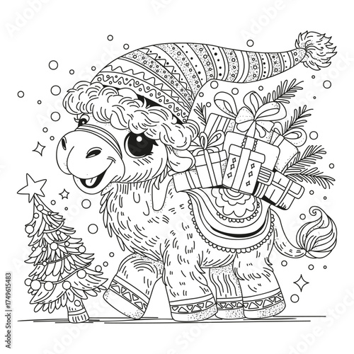 A cute camel wearing a Santa hat carries gift boxes on its back. This coloring page is for kids and adults. Black and white illustration for coloring.