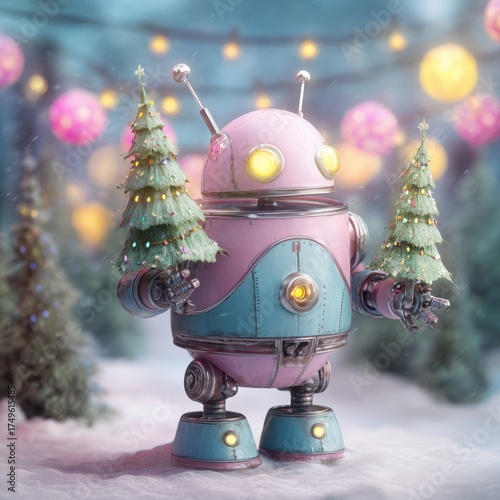 Cute Retro Robot Holding Mini Christmas Trees in Winter Wonderland