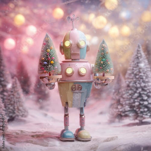 Cute Retro Robot Holding Mini Christmas Trees in Winter Wonderland
