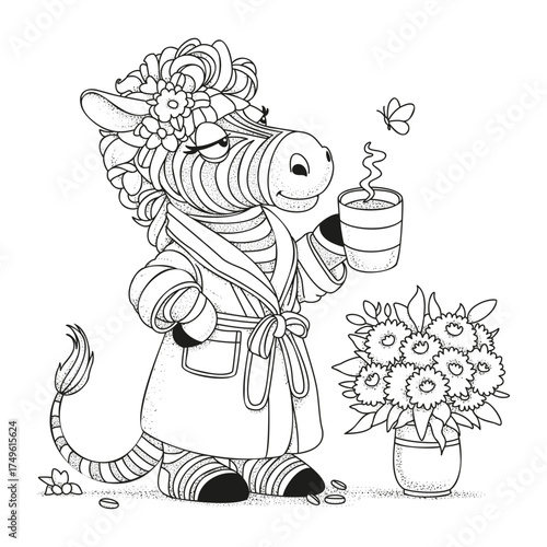 A sleep-deprived zebra stands in a dressing gown, holding a mug of coffee. A fun coloring page for adults.