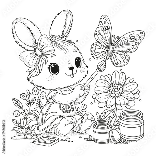 A cute bunny with a large bow on her head sits in a meadow among flowers, trying to color a butterfly flying nearby. This coloring page is for children and adults.