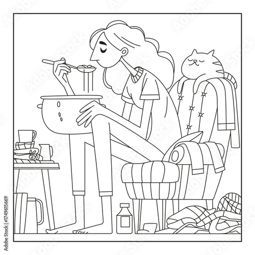 A thin, sad woman sits in a chair, eating noodles straight from the pot. Her cat watches her. Coloring page. Black and white illustration for coloring.