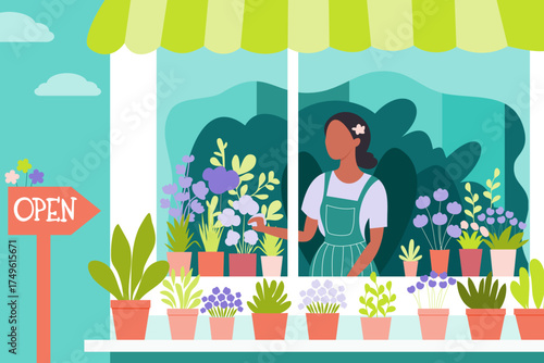 Black woman florist at independent flower shop window with floral and green pot plants. African American businesswoman at small local boutique startup in urban street for eco or sustainable business