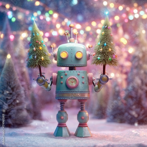 Cute Retro Robot Holding Mini Christmas Trees in Winter Wonderland