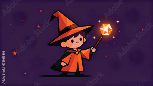 Illustration Of A Little Witch With A Glowing Wand, Halloween Cartoon Illustration Vector Design Template