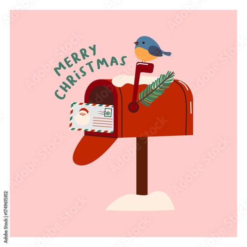 Red vintage mailbox with letter for santa inside. Opened christmas mailbox with christmas card and bird. Vector illustration in a simple childish style