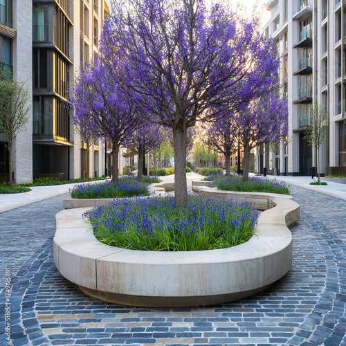 High-end street furniture design with curved and rounded concrete planters featuring purple trees in an urban square surrounded by green grasses and bluebells.