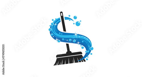 Professional cleaning services logo design with broom and swirling water, perfect for branding and marketing, conveying cleanliness and freshness elegantly