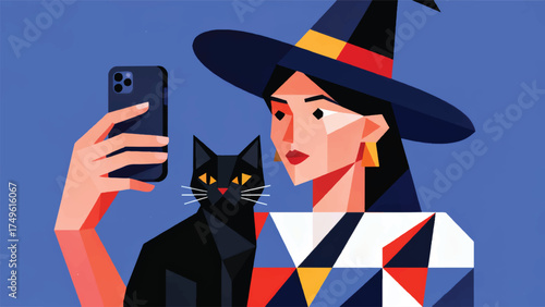 Illustration Of A Modern Witch With A Smartphone, Taking A Selfie With A Black Cat Vector Design Template
