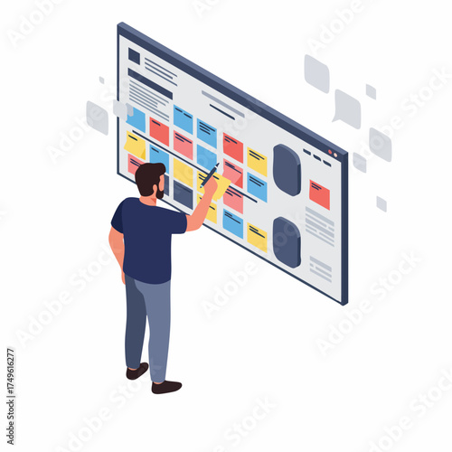 Isometric Man Planning Project Schedule on Virtual Kanban Board Illustration