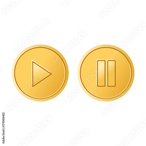 Play and pause gold coins for mindful spending, financial wellness or saving habits isolated on white background. Emotional control and conscious money management for responsible shopping or budgeting