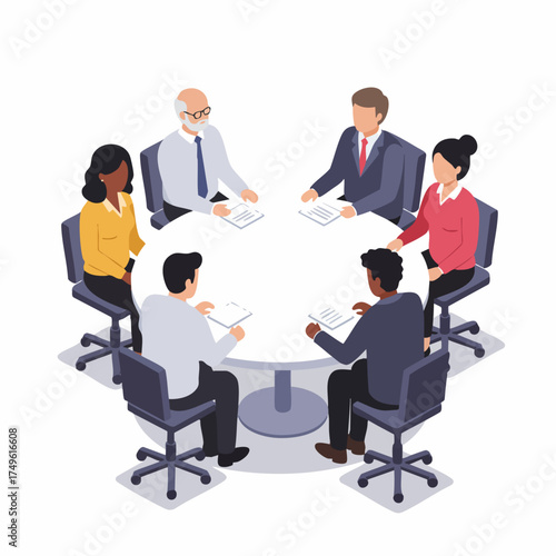 Isometric Diverse Business People Collaboration Meeting Around Round Table Illustration