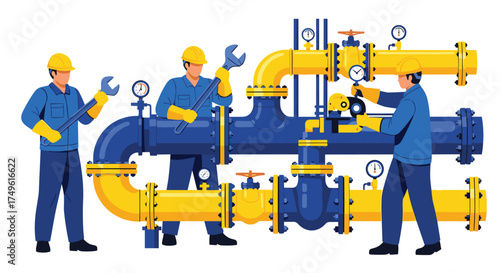 Professional plumbers installing industrial pipelines with wrenches in vibrant colors, ideal for construction, engineering, and manufacturing projects