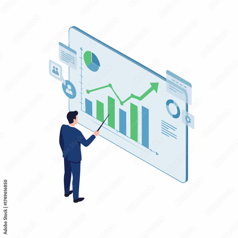 Fototapeta premium Isometric Male Presenting Growth Chart Analytics Dashboard Business Illustration