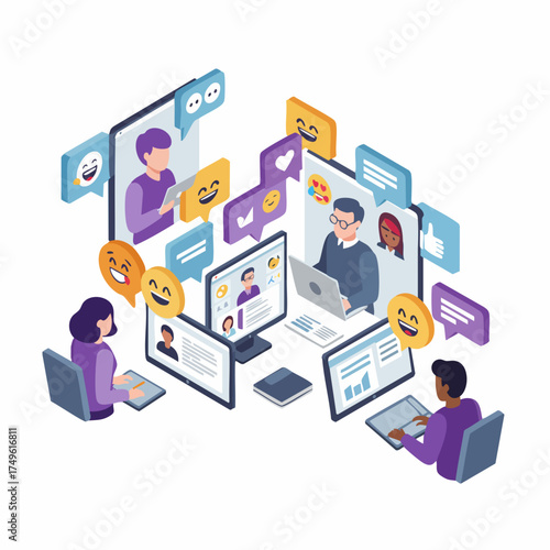 Isometric Style Online Meeting with Colleagues Digital Connection Illustration
