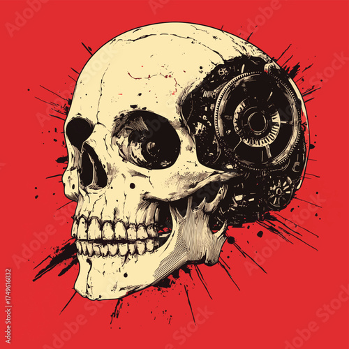 clockwork skull , vector style simple color