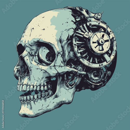 clockwork skull , vector style simple color