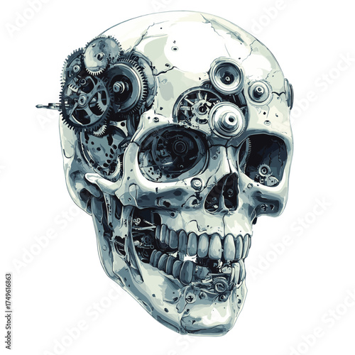 clockwork skull , vector style simple color