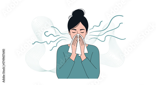 Woman with allergies blowing her nose offers a relatable moment, suggesting empathy, care, and understanding of health issues during cold and flu season
