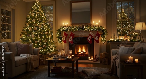A cozy living room decorated for Christmas, complete with a lit tree and fireplace, creating a warm and inviting atmosphere